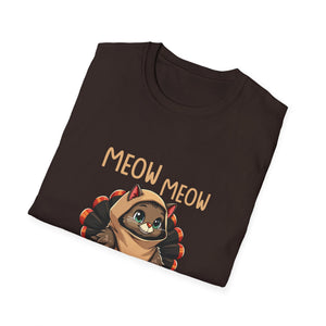 Meow Meow Turkey Cat T‑Shirt — Cute Cartoon Cat Dressed as Turkey, Thanksgiving Tee  Unisex T-Shirt