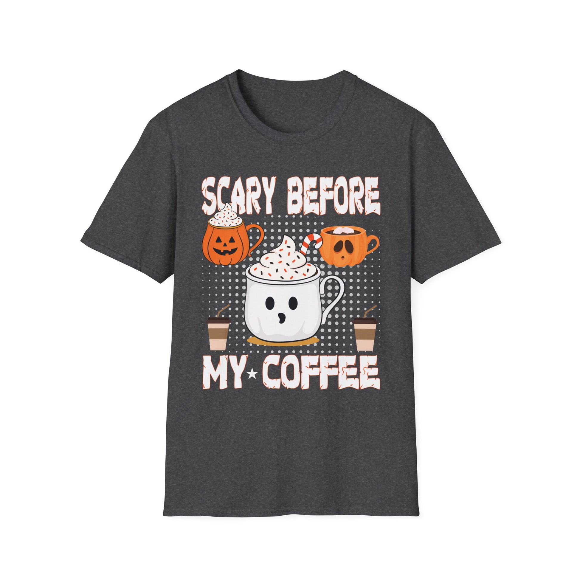Halloween Coffee T‑Shirt — "Scary Before My Coffee" Cute Pumpkin & Mug Graphic