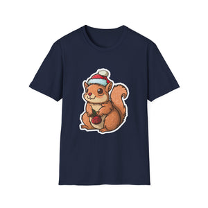 Cute Winter Squirrel T-Shirt — Cartoon Squirrel Wearing Knit Hat and Acorn