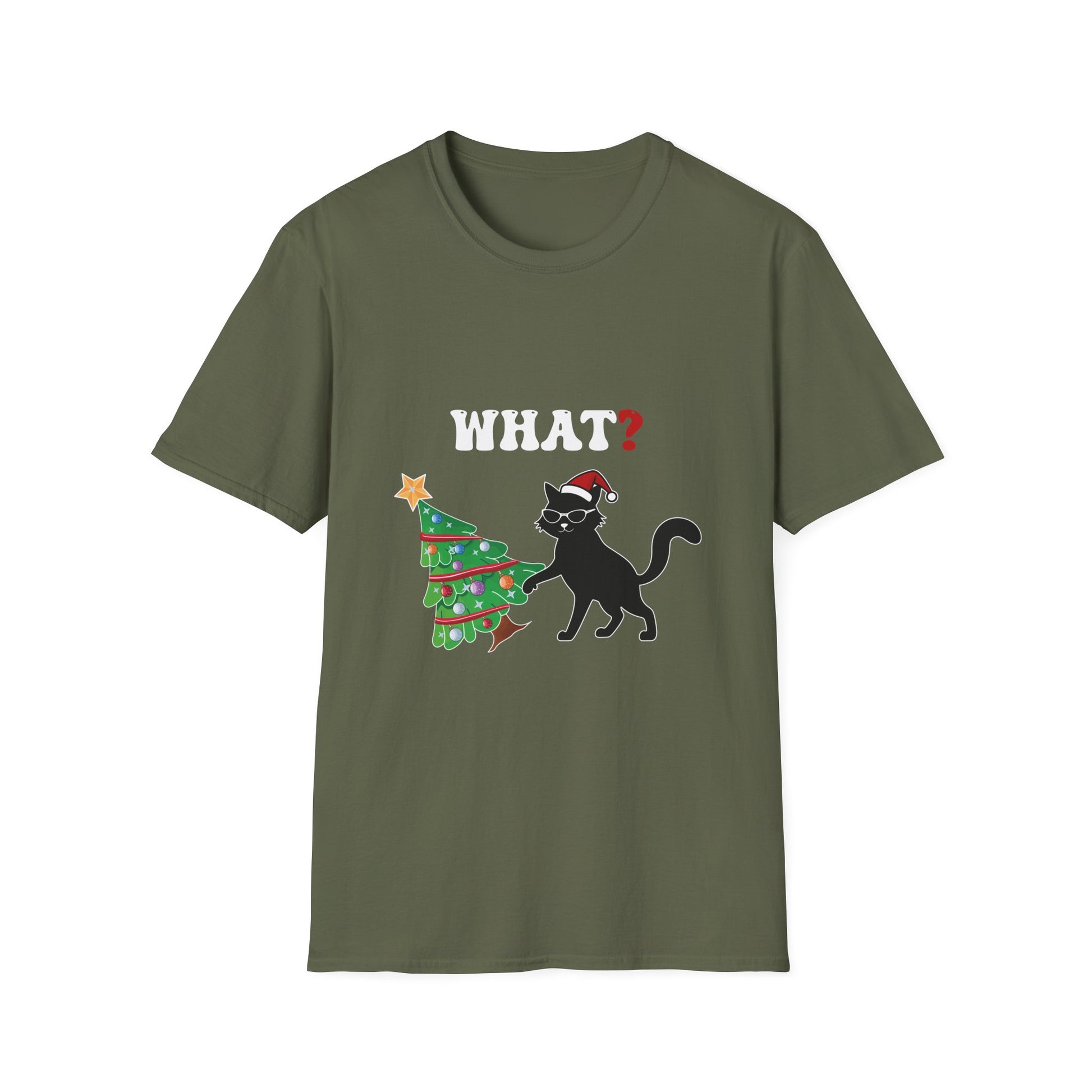 Funny Black Cat Gift Pushing Christmas Tree Over Cat What Unisex Softstyle T-Shirt