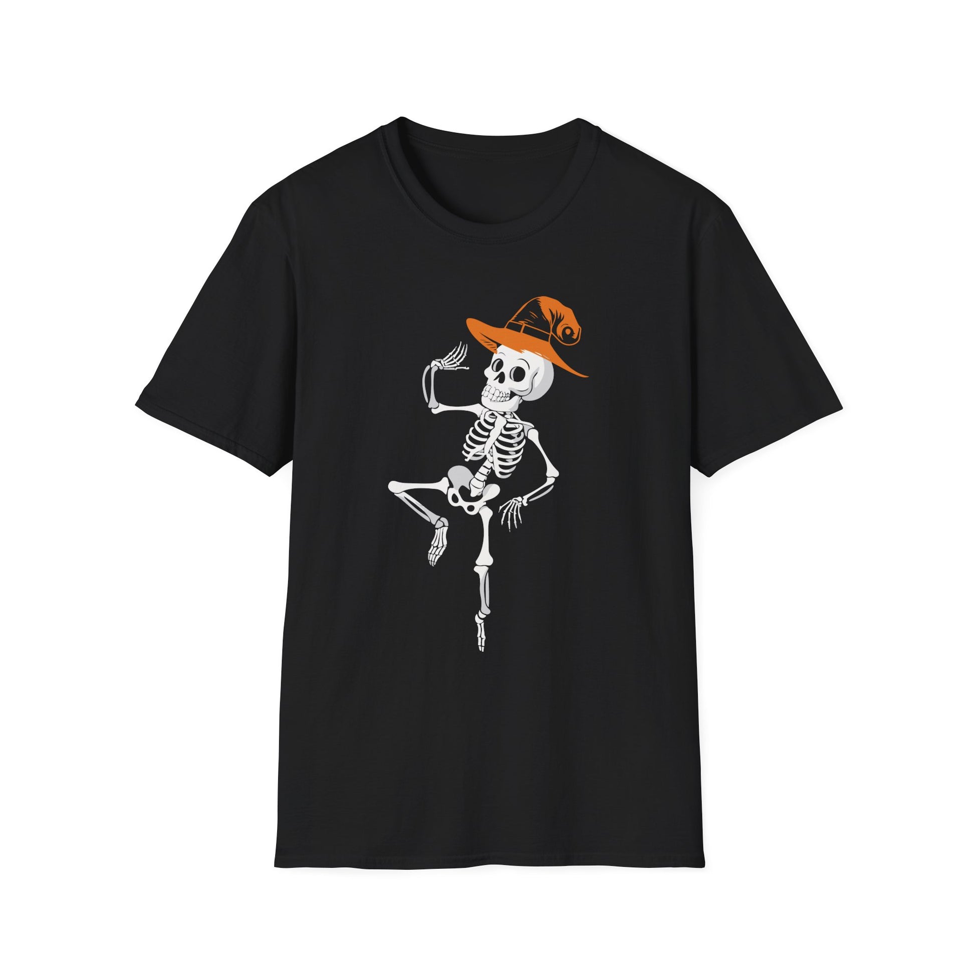 Dancing Skeleton Tee with Orange Witch Hat – Halloween Party T-Shirt