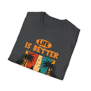 Life Is Better at the Beach T-Shirt — Retro Palm Tree Surf Cat Tee