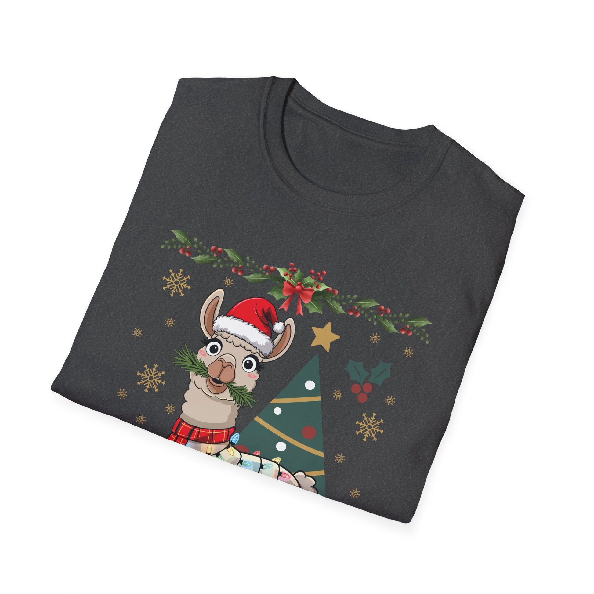 Christmas Llama T-Shirt — Festive Holiday Alpaca with Lights & Tree