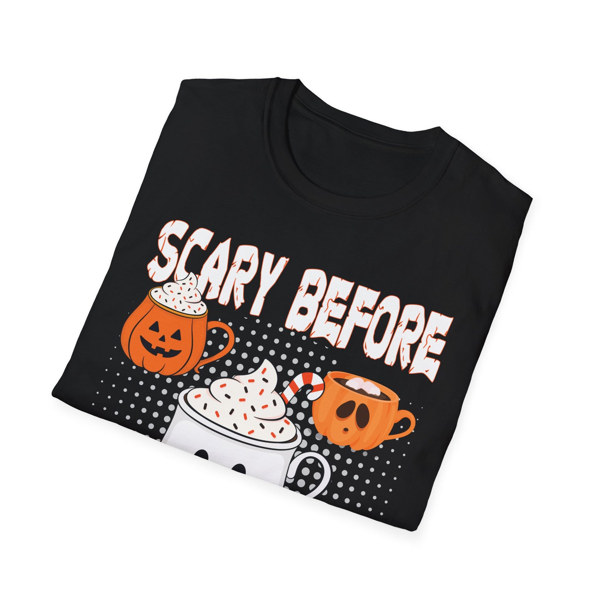 Halloween Coffee T‑Shirt — "Scary Before My Coffee" Cute Pumpkin & Mug Graphic