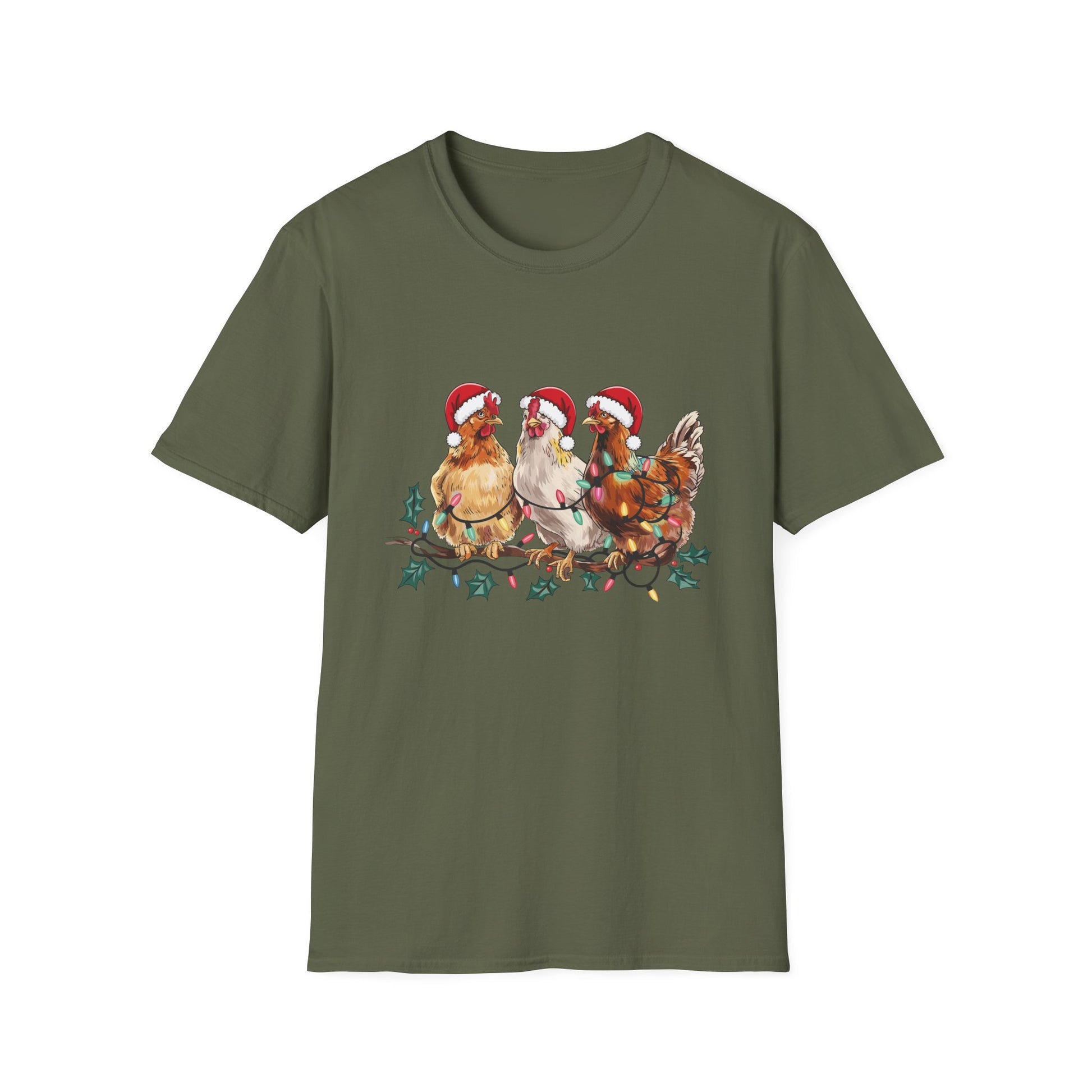 Christmas Chickens T-Shirt — Festive Hens in Santa Hats Holiday Tee