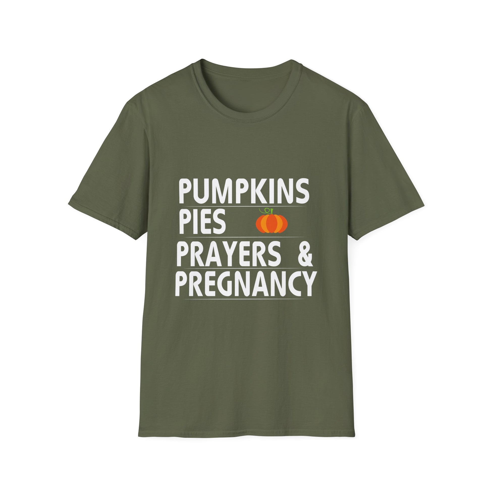 Pregnancy T-Shirt — "Pumpkins Pies Prayers & Pregnancy" Fall Maternity Tee