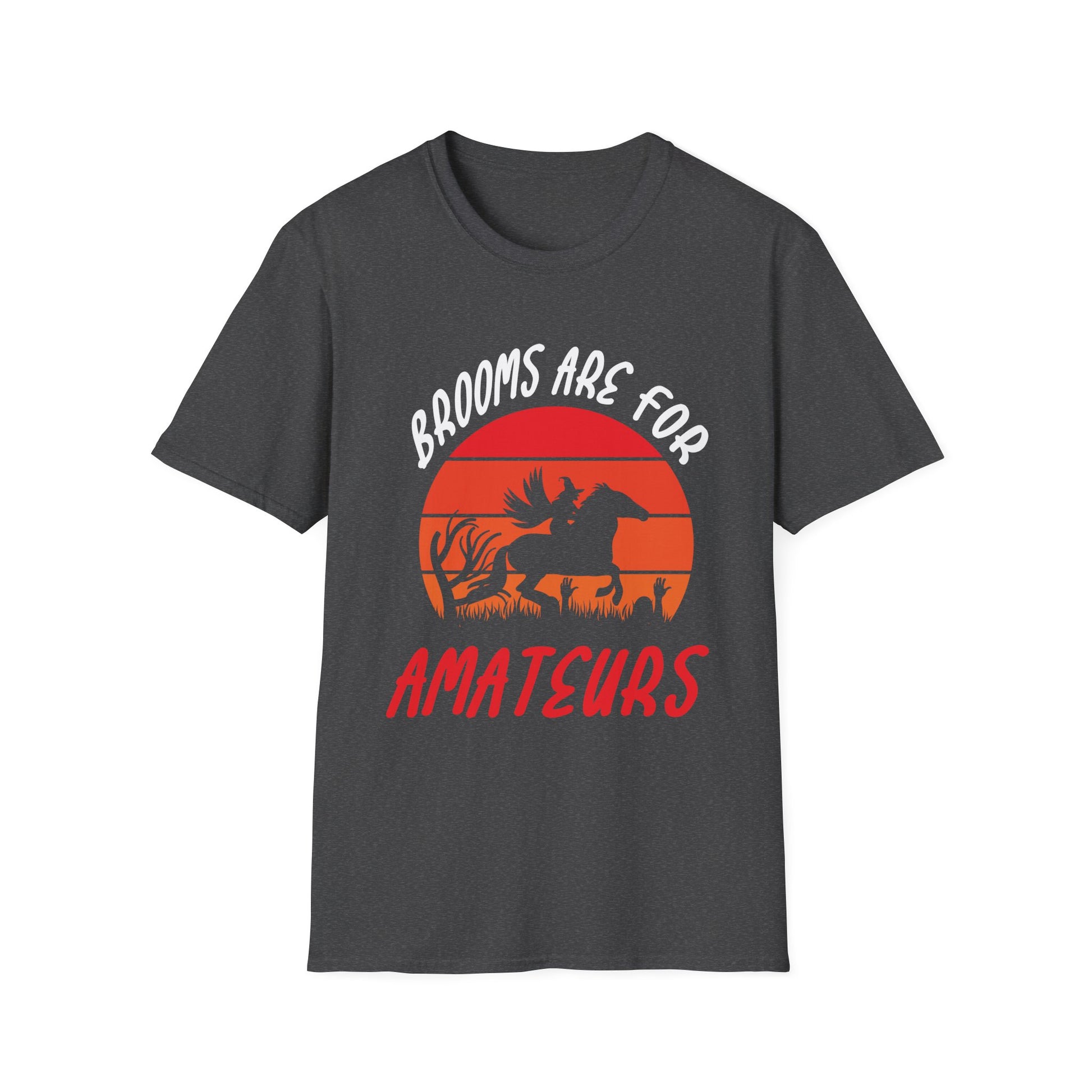 Witch Riding Horse T-Shirt – “Brooms Are For Amateurs” Retro Sunset Halloween Tee