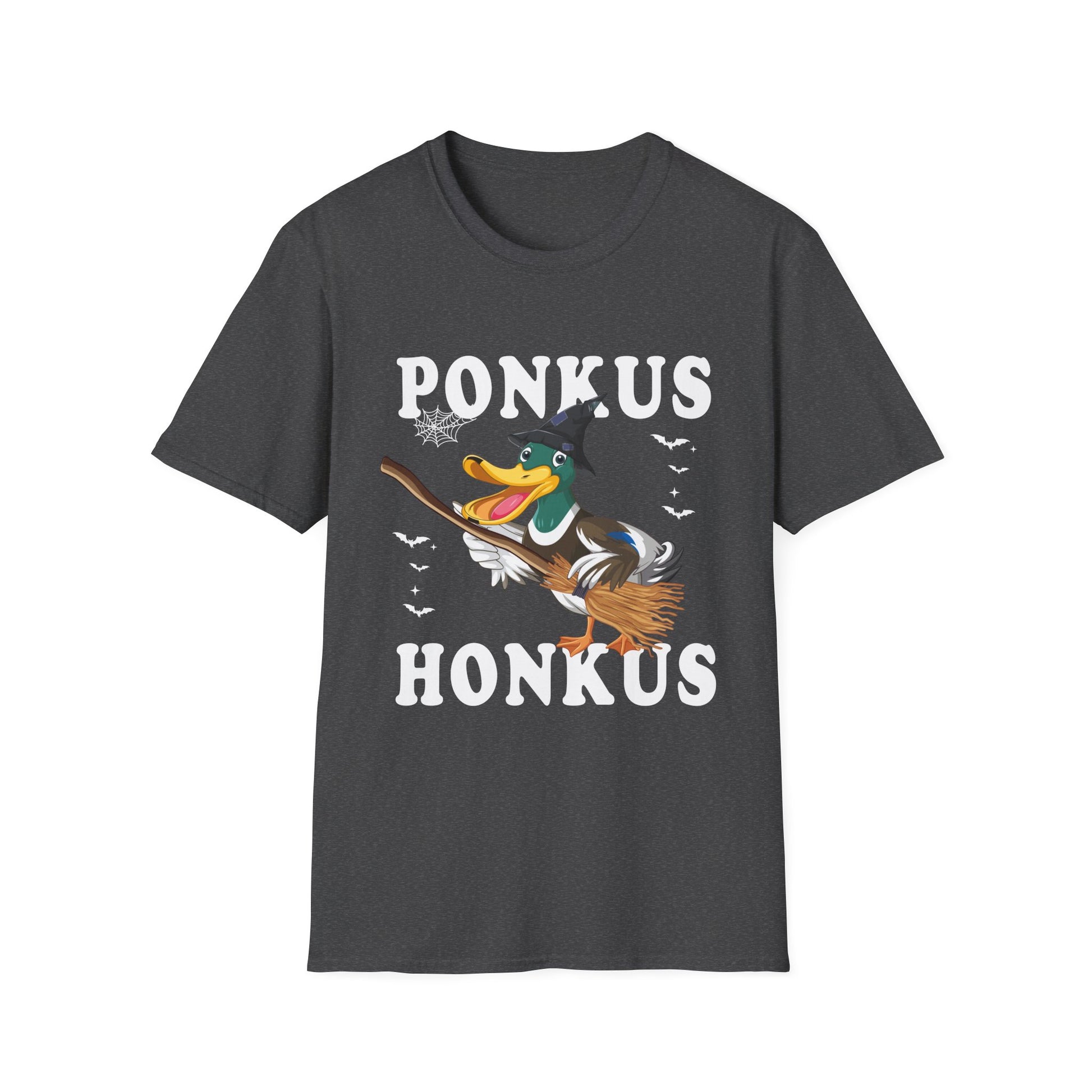 Ponkus Honkus Duck Witch T‑Shirt — Funny Halloween Broomstick Duck Tee