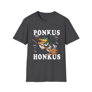 Ponkus Honkus Duck Witch T‑Shirt — Funny Halloween Broomstick Duck Tee