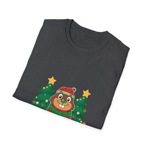 Christmas Groundhog T-Shirt — Cute Festive Groundhog in Scarf with Decorated Trees