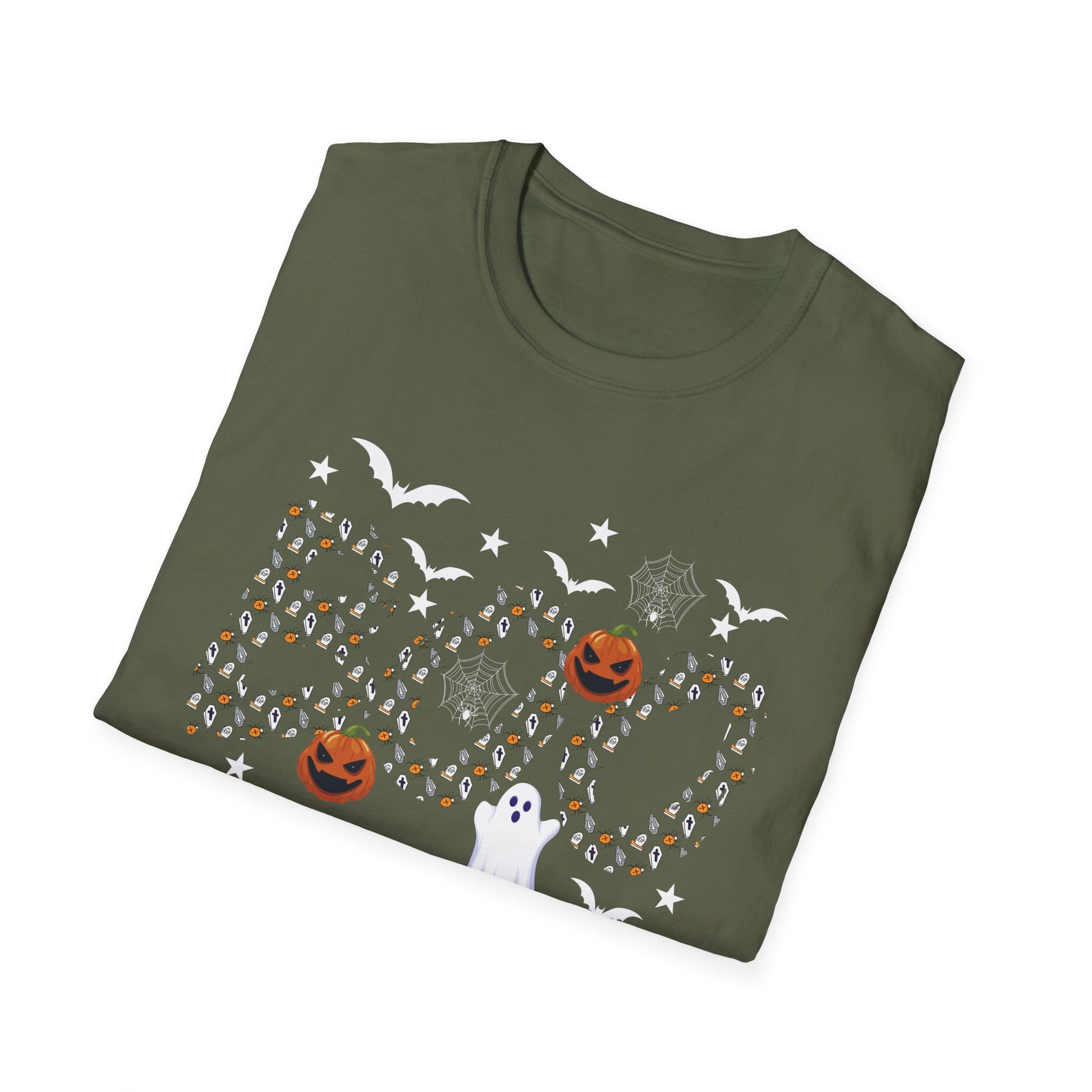 Halloween Boo Ghost Pumpkin T-Shirt — Spooky Bat & Candy Pattern Tee