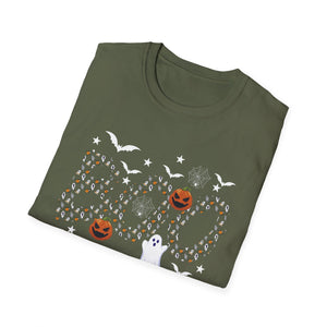 Halloween Boo Ghost Pumpkin T-Shirt — Spooky Bat & Candy Pattern Tee