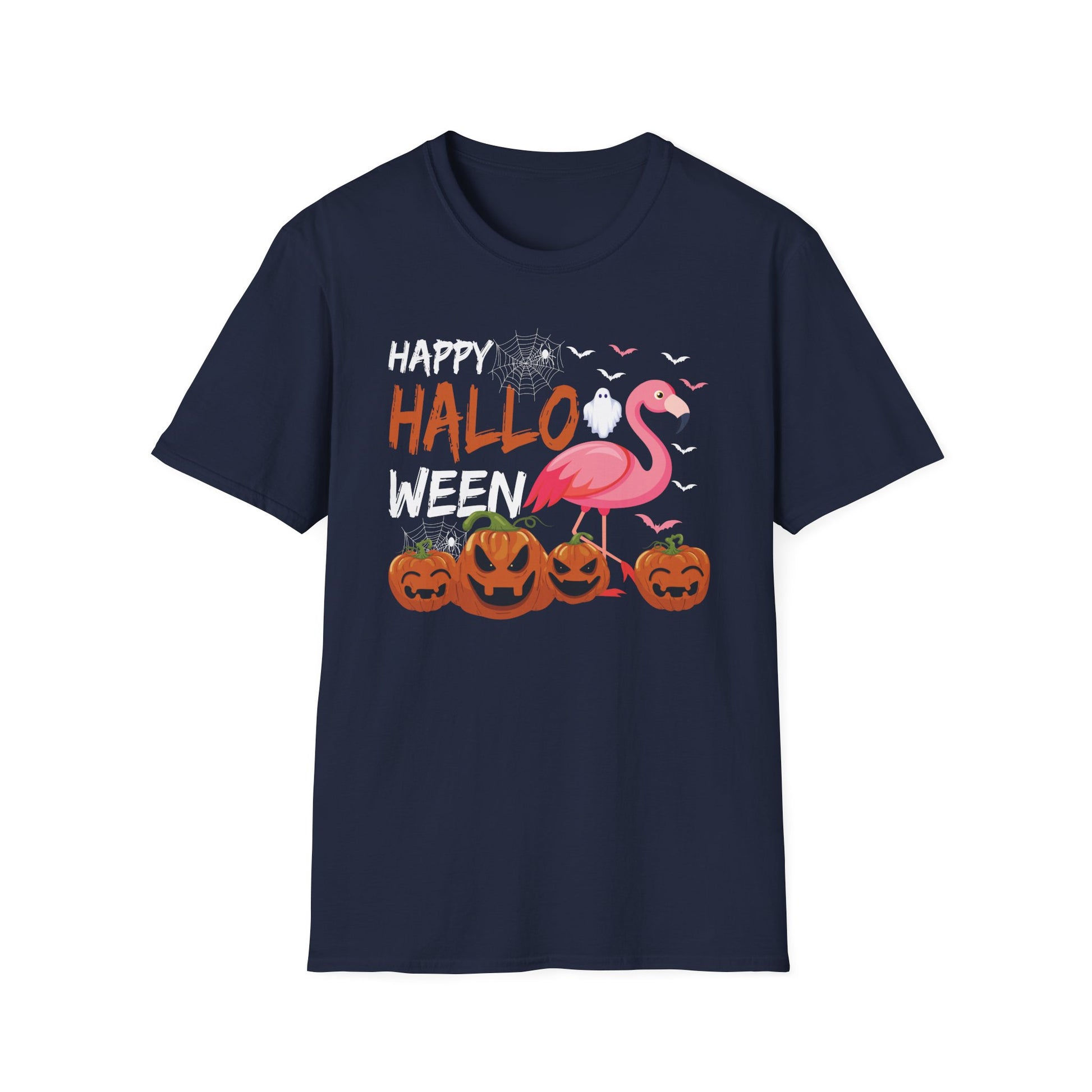 Happy Halloween Flamingo T-Shirt — Cute Pink Flamingo with Jack-O'-Lanterns Halloween Tee