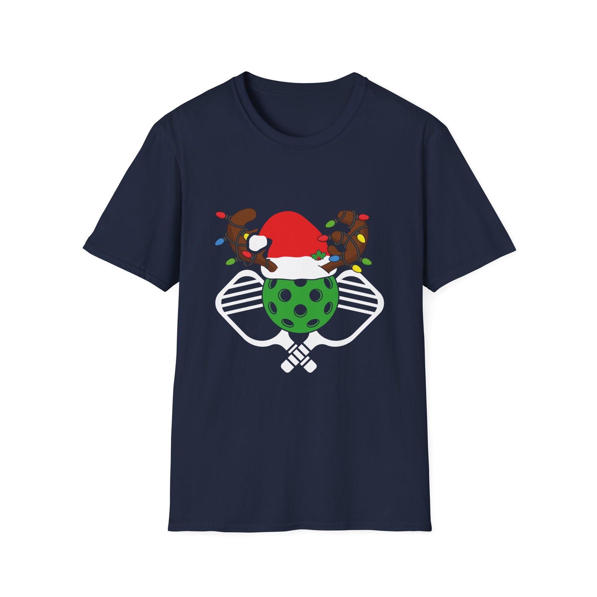 Pickleball Christmas T‑Shirt — Festive Pickleball Ball with Santa Hat & Lights