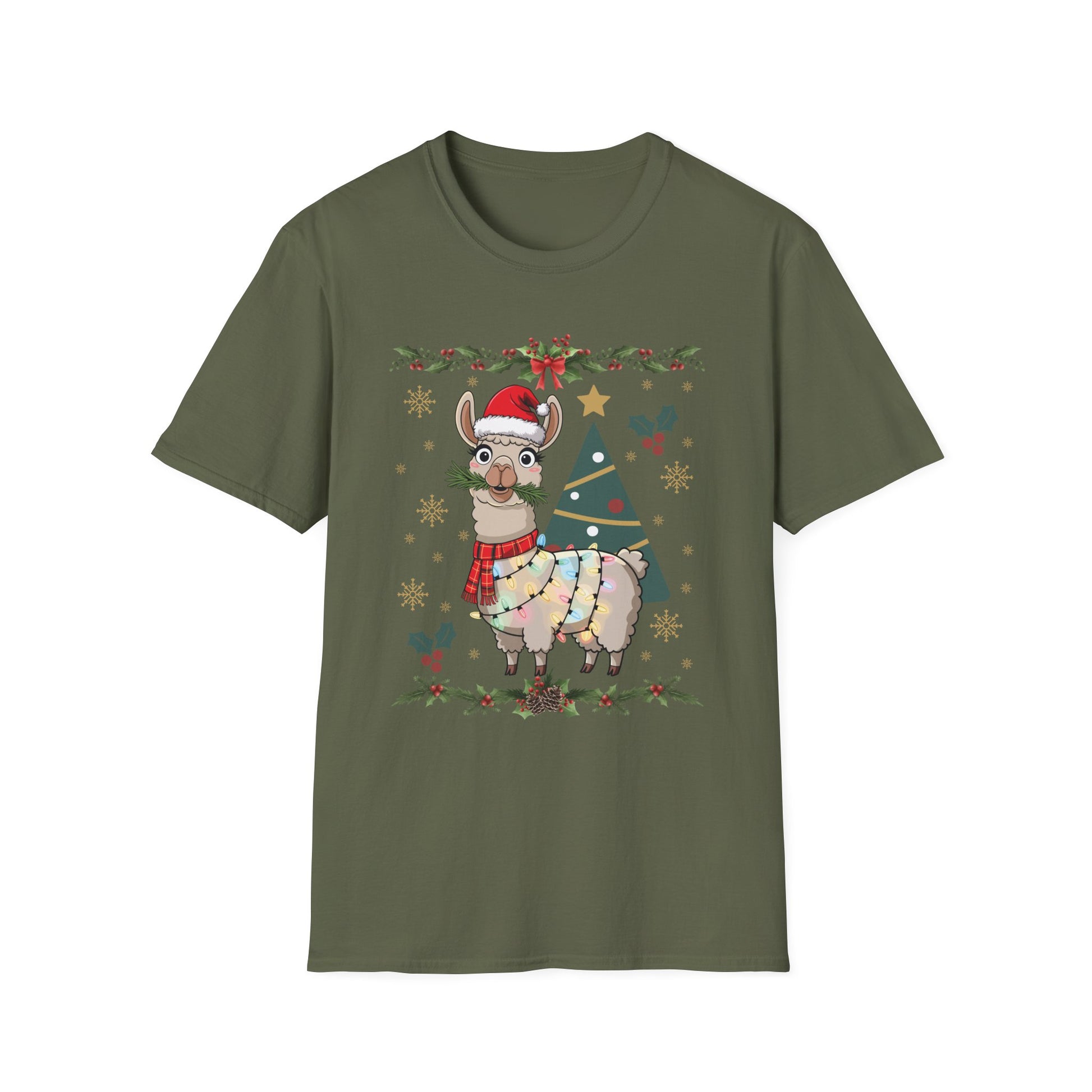 Christmas Llama T-Shirt — Festive Holiday Alpaca with Lights & Tree