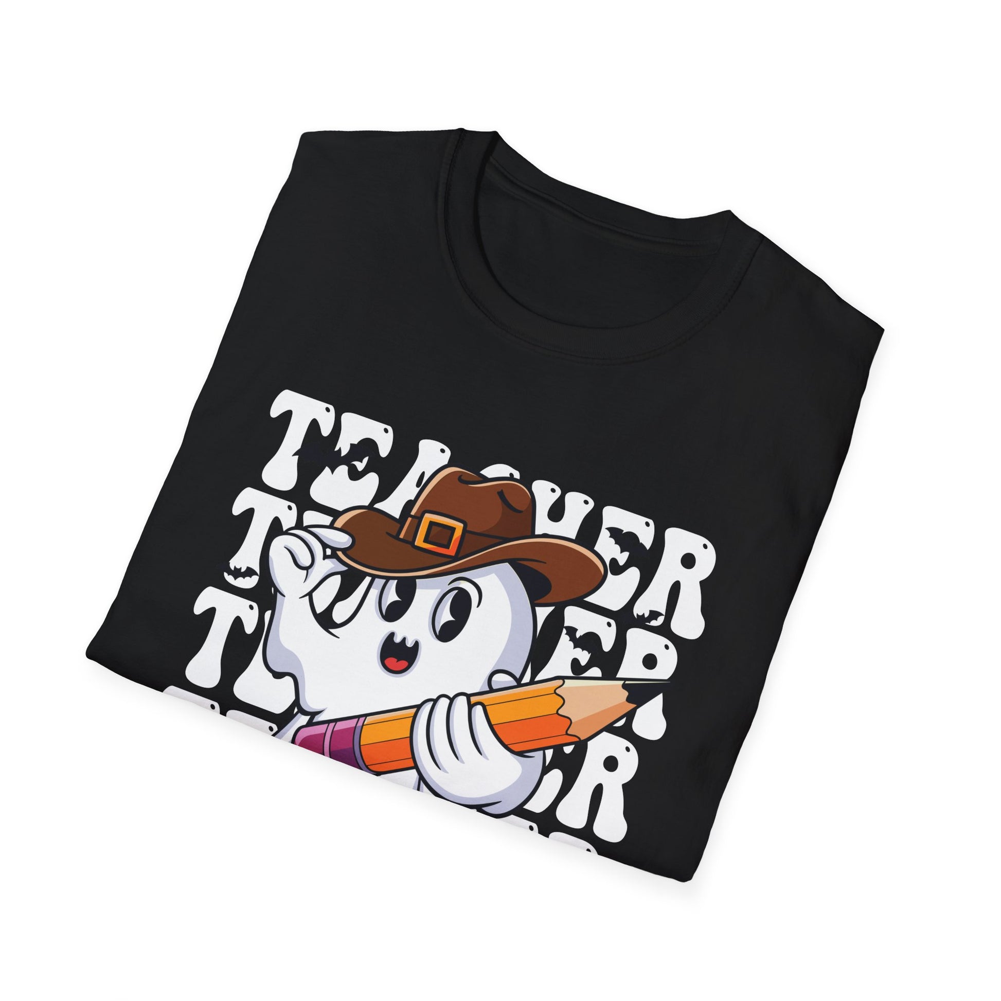 Teacher Ghost Thanksgiving T-Shirt — Cute Pilgrim Ghost Holding Pencil Tee for Educators