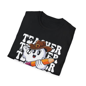Teacher Ghost Thanksgiving T-Shirt — Cute Pilgrim Ghost Holding Pencil Tee for Educators