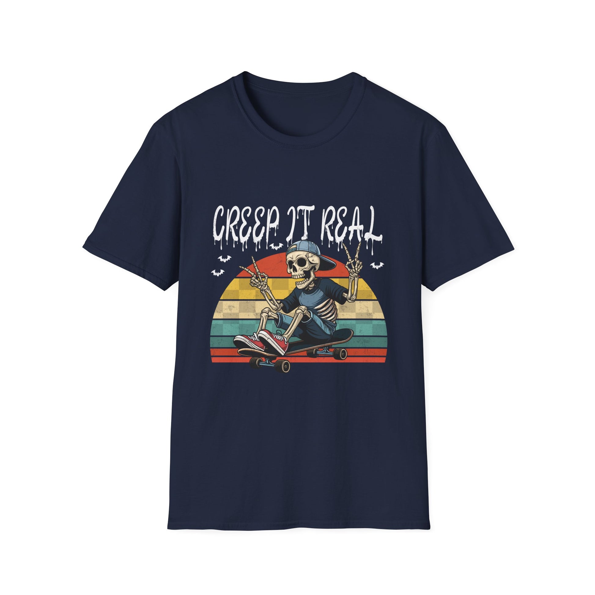 Creep It Real Skateboard Skeleton T-Shirt — Retro Halloween Skull Tee