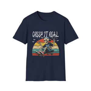 Creep It Real Skateboard Skeleton T-Shirt — Retro Halloween Skull Tee