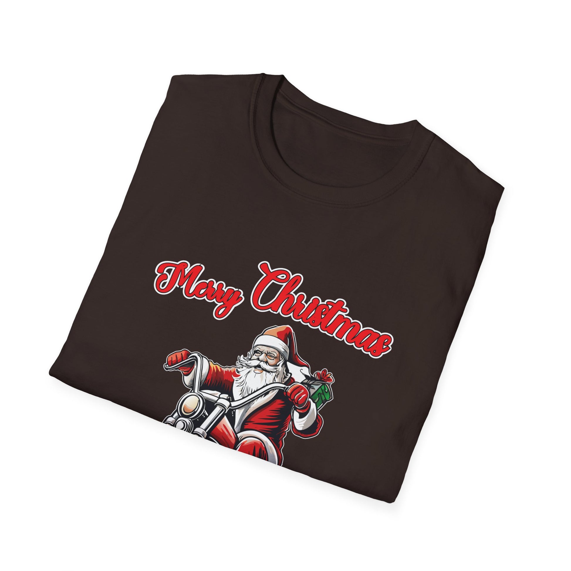 Santa Riding a Motorbike Christmas Tee_ Motorcycle Christmas Unisex Softstyle T-Shirt