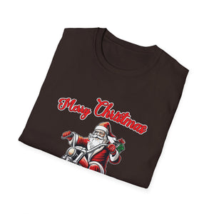 Santa Riding a Motorbike Christmas Tee_ Motorcycle Christmas Unisex Softstyle T-Shirt