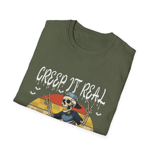 Creep It Real Skateboard Skeleton T-Shirt — Retro Halloween Skull Tee