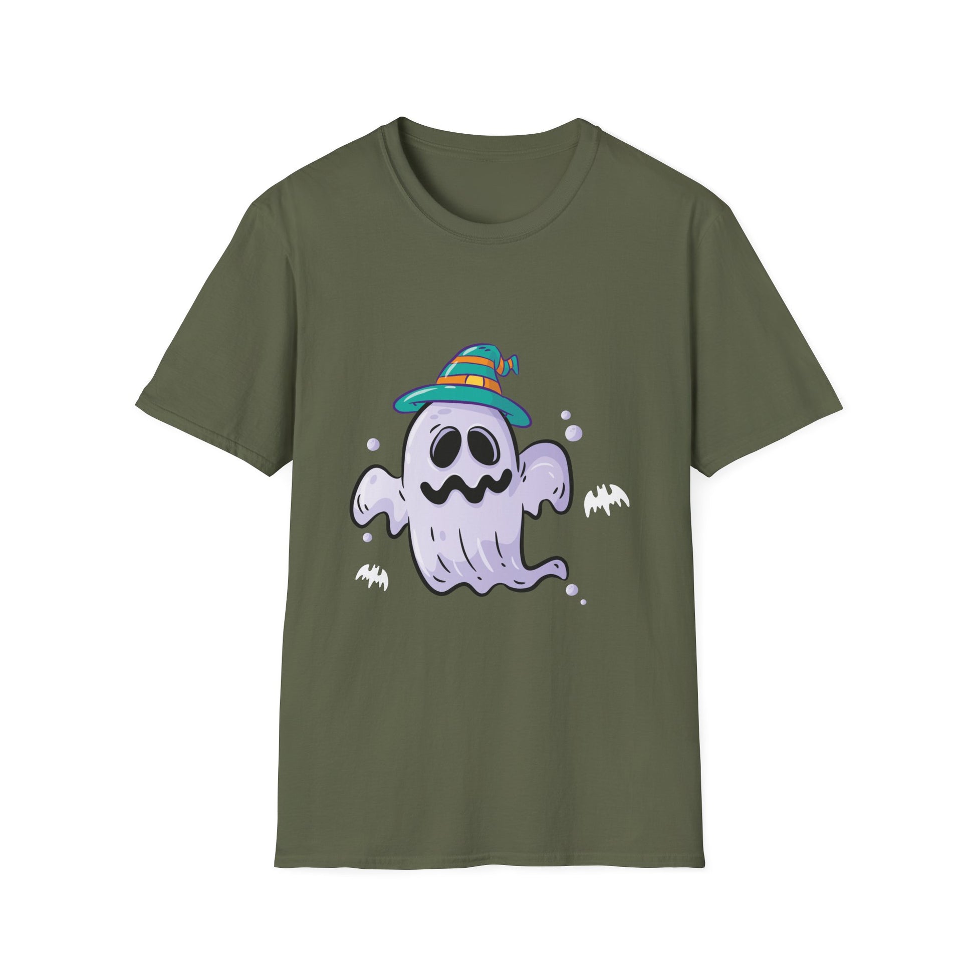 Cute Ghost Halloween T-Shirt – Whimsical Ghost with Striped Witch Hat