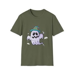 Cute Ghost Halloween T-Shirt – Whimsical Ghost with Striped Witch Hat