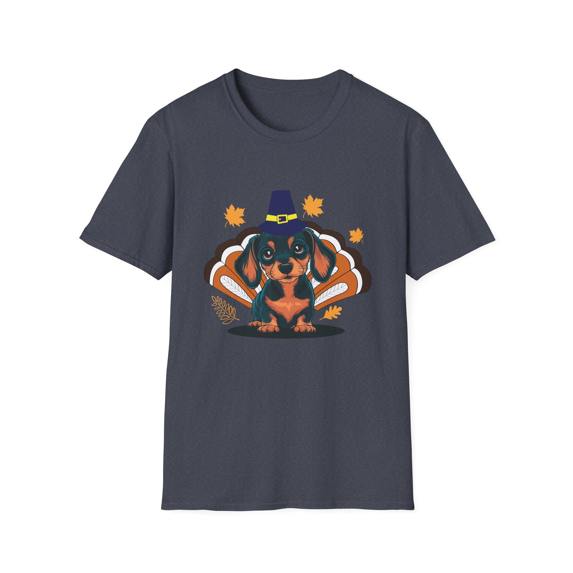 Thanksgiving Dachshund T-Shirt — Cute Turkey Costume Pup with Witch Hat & Autumn Leaves  Unisex T-Shirt