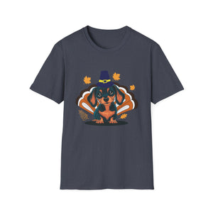 Thanksgiving Dachshund T-Shirt — Cute Turkey Costume Pup with Witch Hat & Autumn Leaves  Unisex T-Shirt
