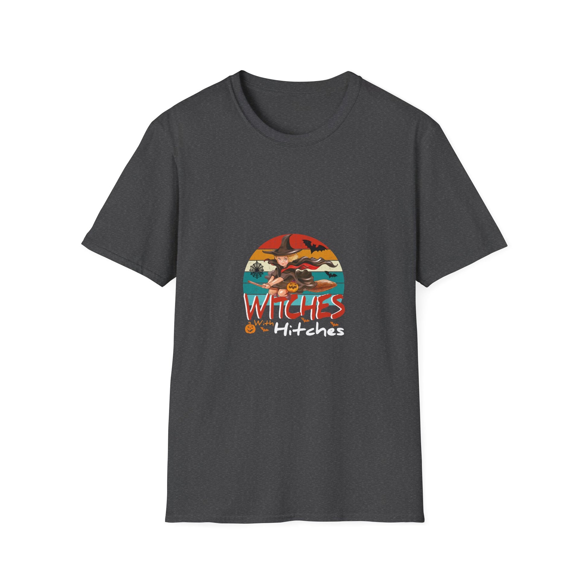 Witches With Hitches Halloween T-Shirt — Retro Witch on Broom Graphic