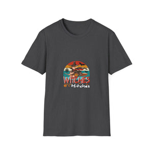 Witches With Hitches Halloween T-Shirt — Retro Witch on Broom Graphic