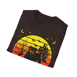 Halloween Sunset Haunted House T-Shirt — Spooky Castle & Bats Tee