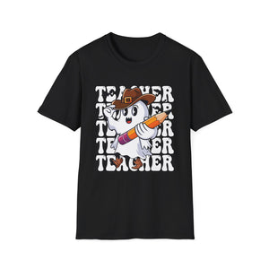 Teacher Ghost Thanksgiving T-Shirt — Cute Pilgrim Ghost Holding Pencil Tee for Educators