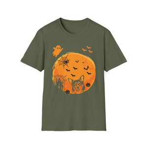 Halloween Corgi Moon T-Shirt — Spooky Pumpkin Night Tee with Bats & Ghost