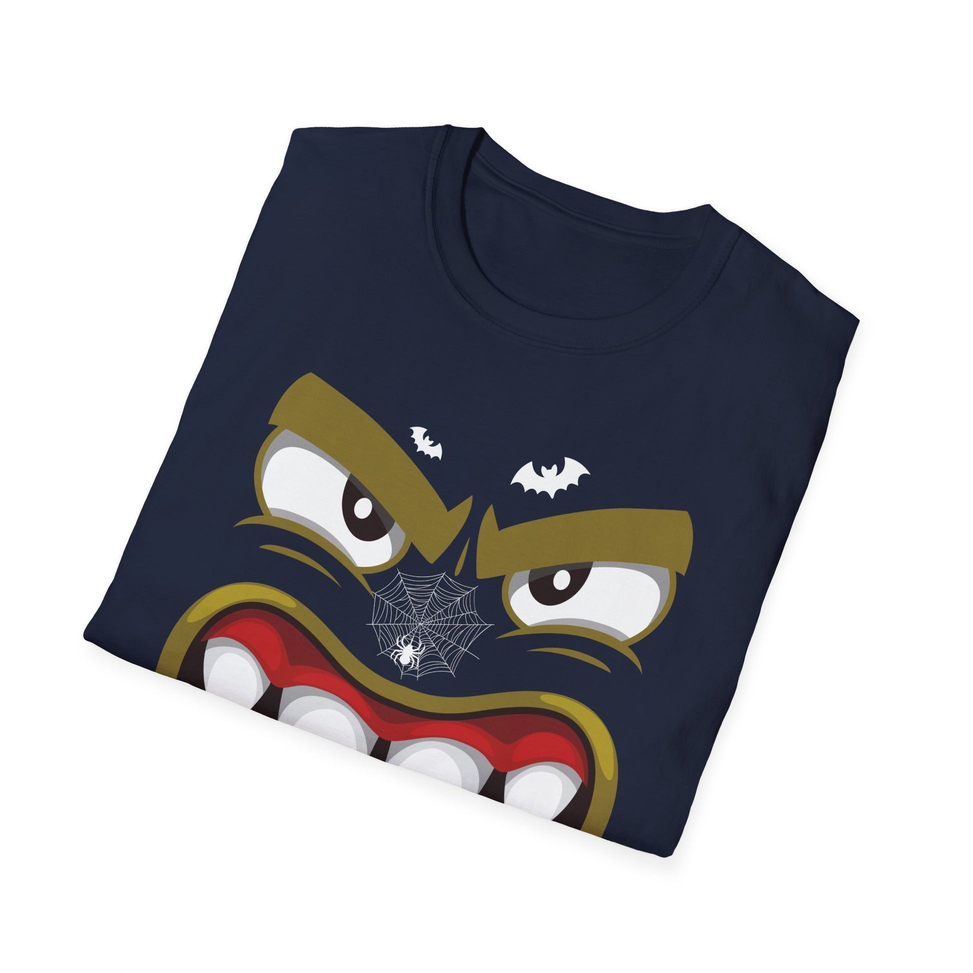 Scary Halloween Monster Face T-Shirt — Creepy Grinning Design with Spider Web