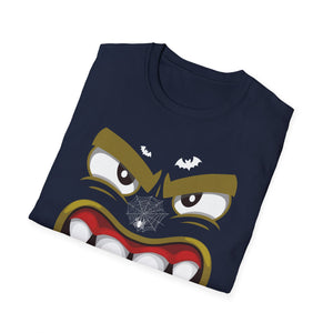 Scary Halloween Monster Face T-Shirt — Creepy Grinning Design with Spider Web