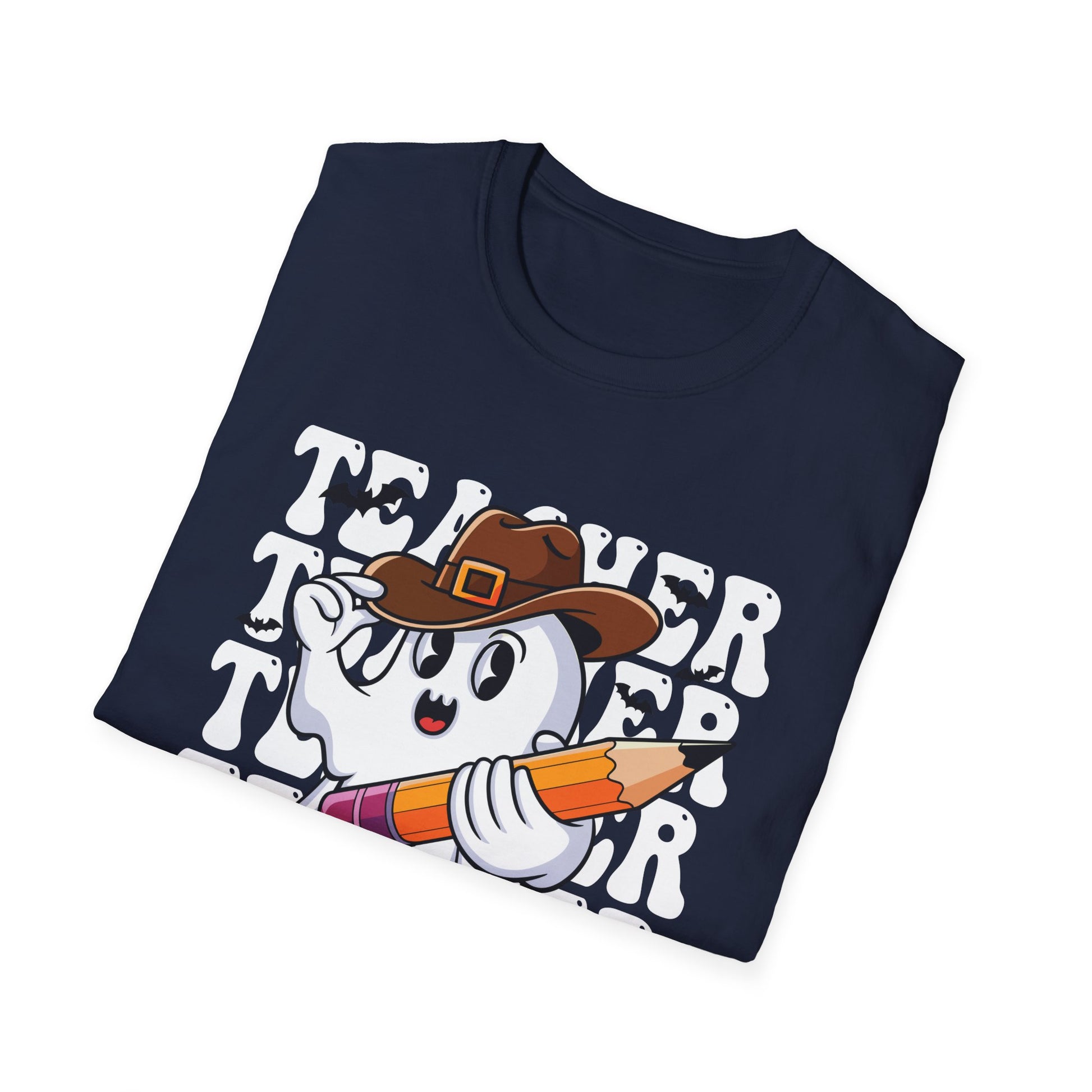 Teacher Ghost Thanksgiving T-Shirt — Cute Pilgrim Ghost Holding Pencil Tee for Educators