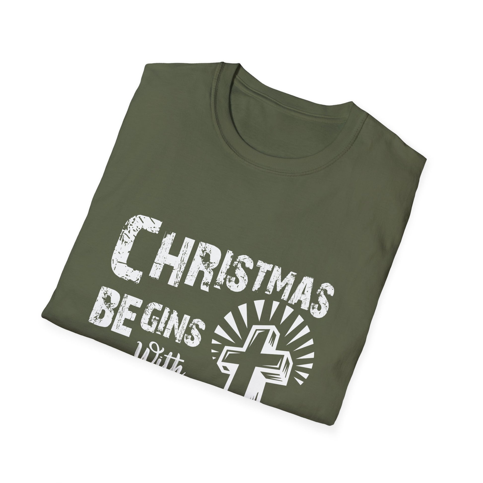 Christmas Begins with Christ T-Shirt — Faith-Based Nativity Cross Holiday Tee