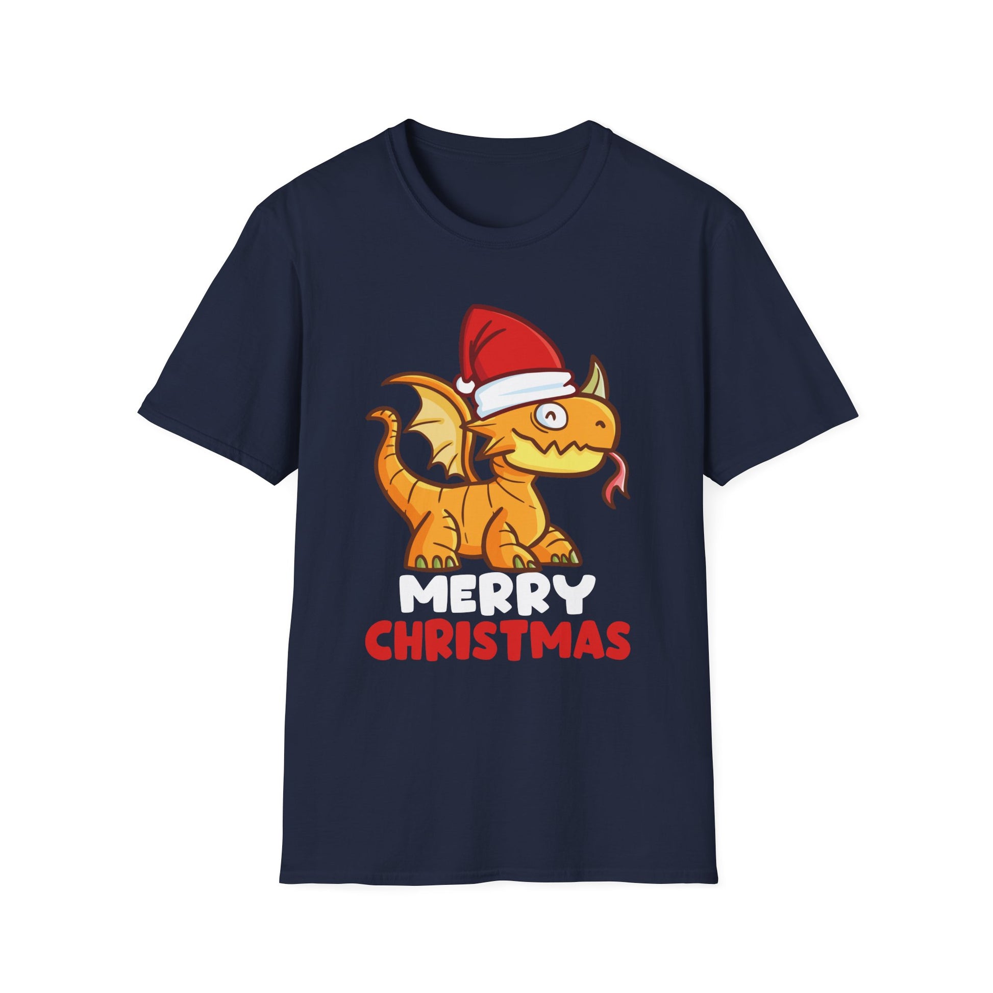 Christmas Dragon T-Shirt — Cute Cartoon Dragon in Santa Hat, "Merry Christmas" Holiday Tee