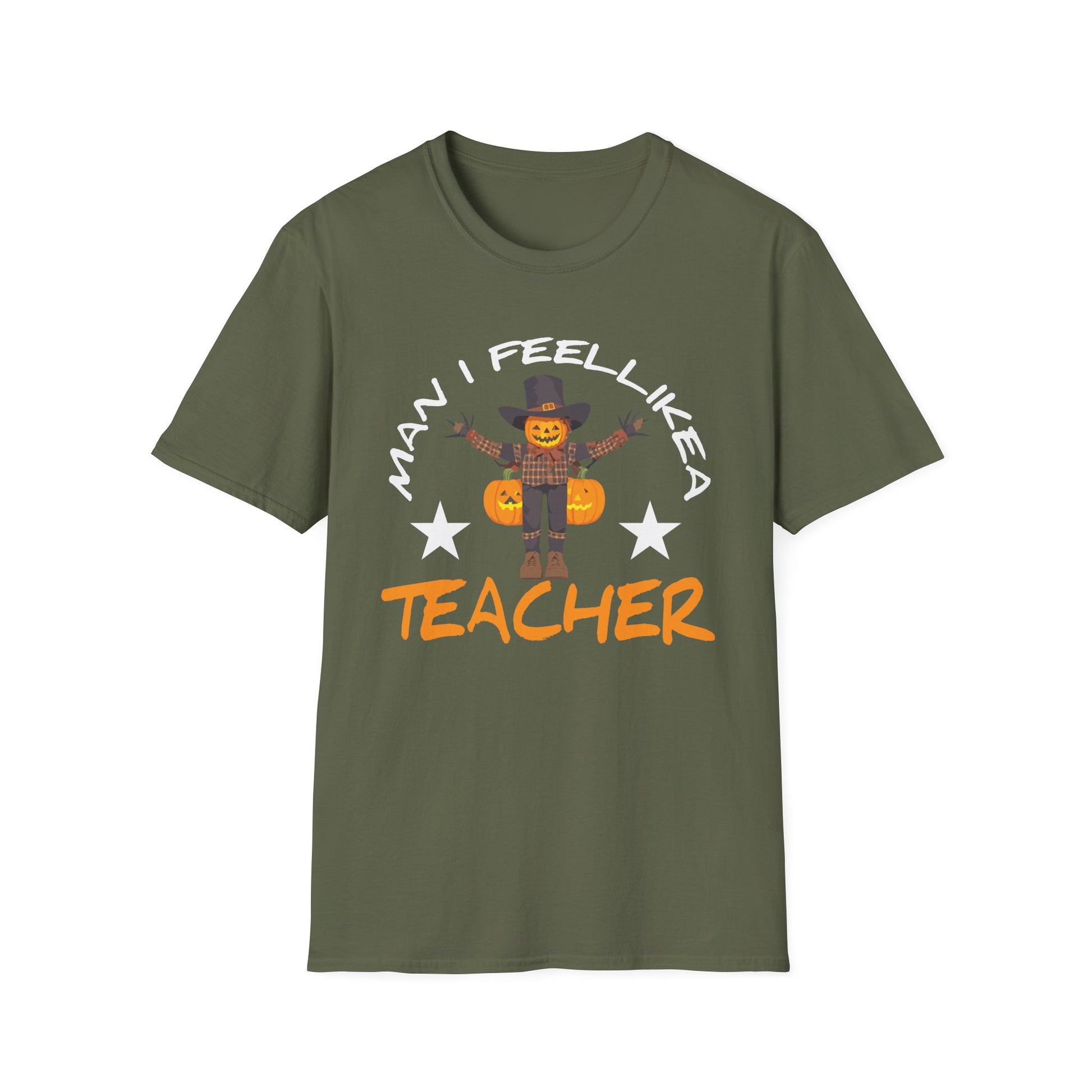 Halloween Teacher T-Shirt - "Man I Feel Like a Teacher" Scarecrow Pumpkin Design