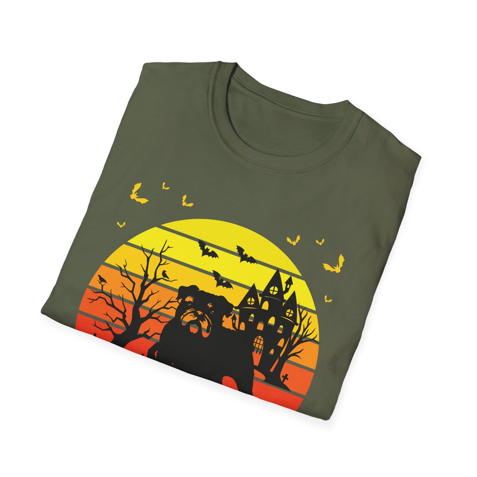 Halloween Sunset Haunted House T-Shirt — Spooky Castle & Bats Tee