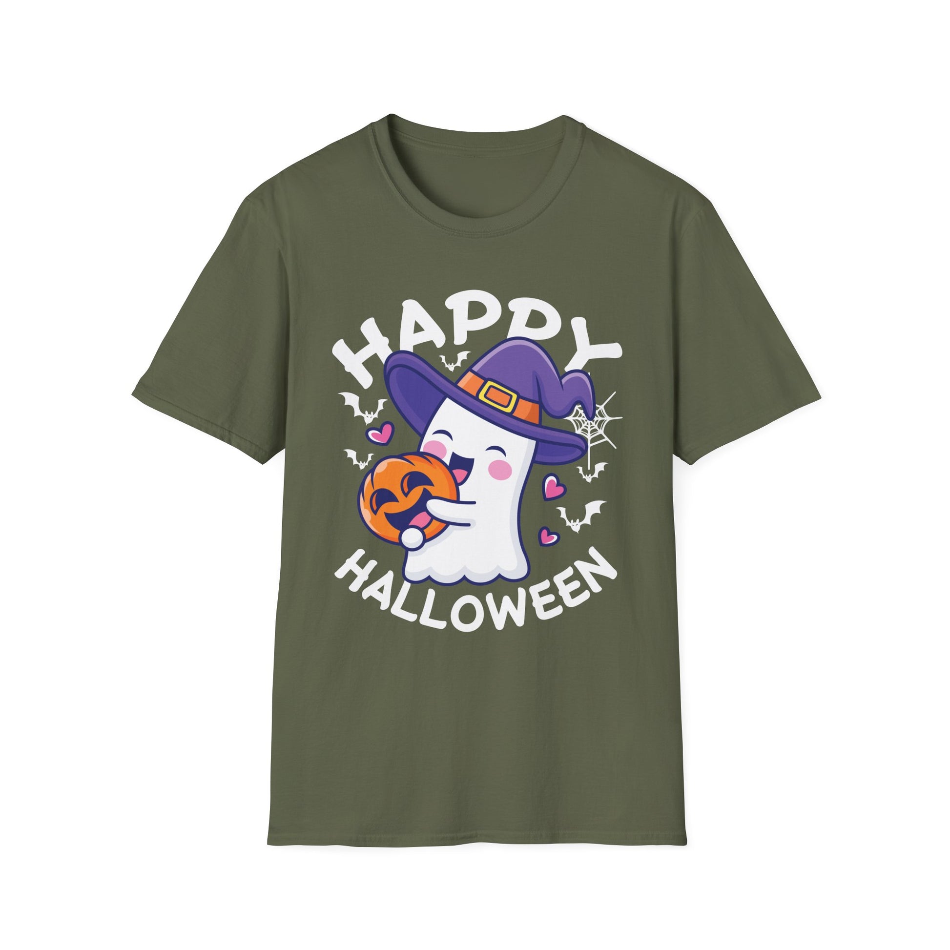 Happy Halloween Ghost T‑Shirt — Cute Witch Hat & Jack‑O’Lantern Graphic