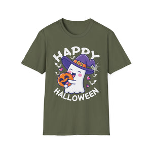 Happy Halloween Ghost T-Shirt — Cute Witch Ghost Holding Jack-O'-Lantern