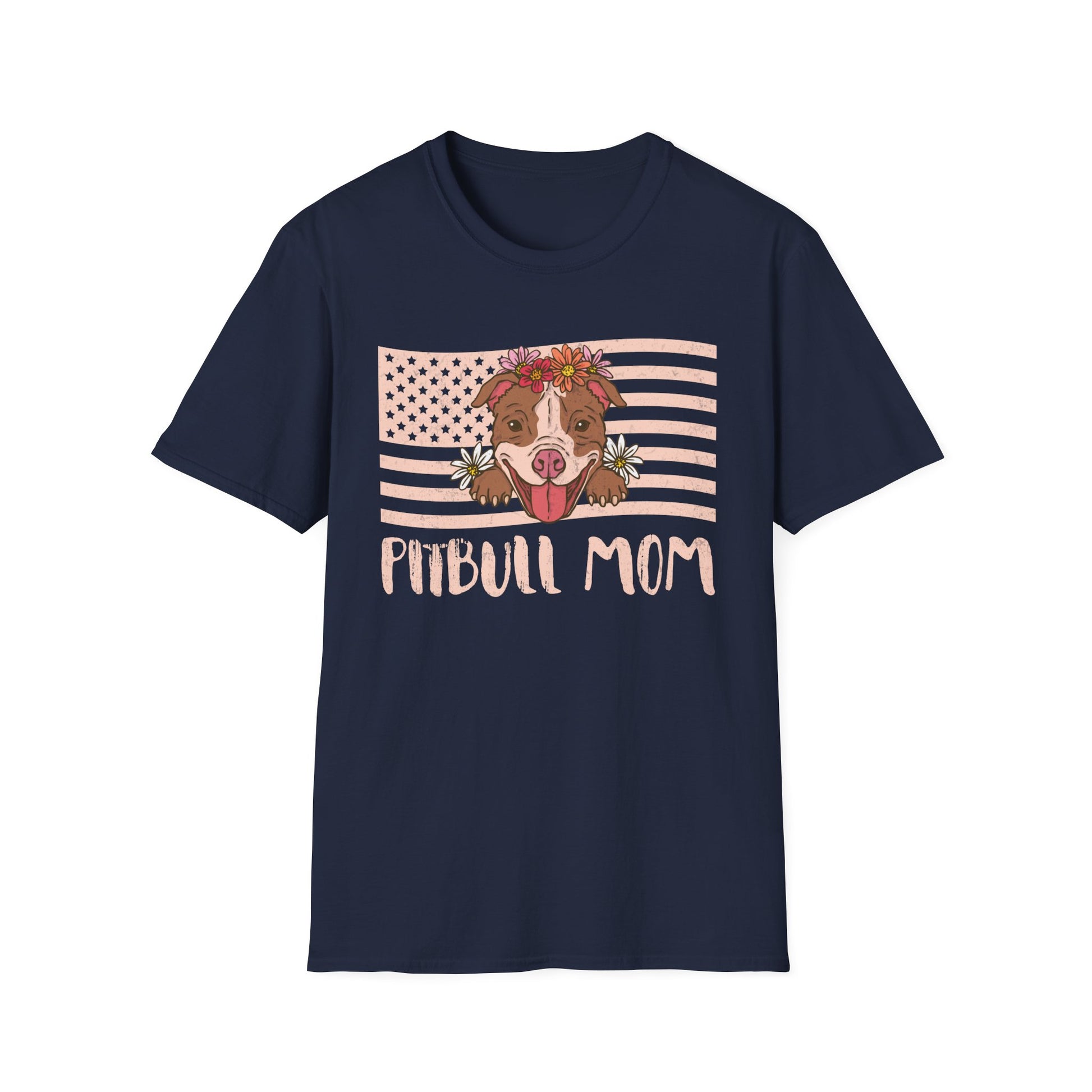 Pitbull Mom T-Shirt – Floral Pitbull with American Flag