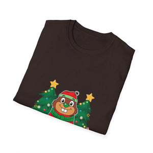 Christmas Groundhog T-Shirt — Cute Festive Groundhog in Scarf with Decorated Trees