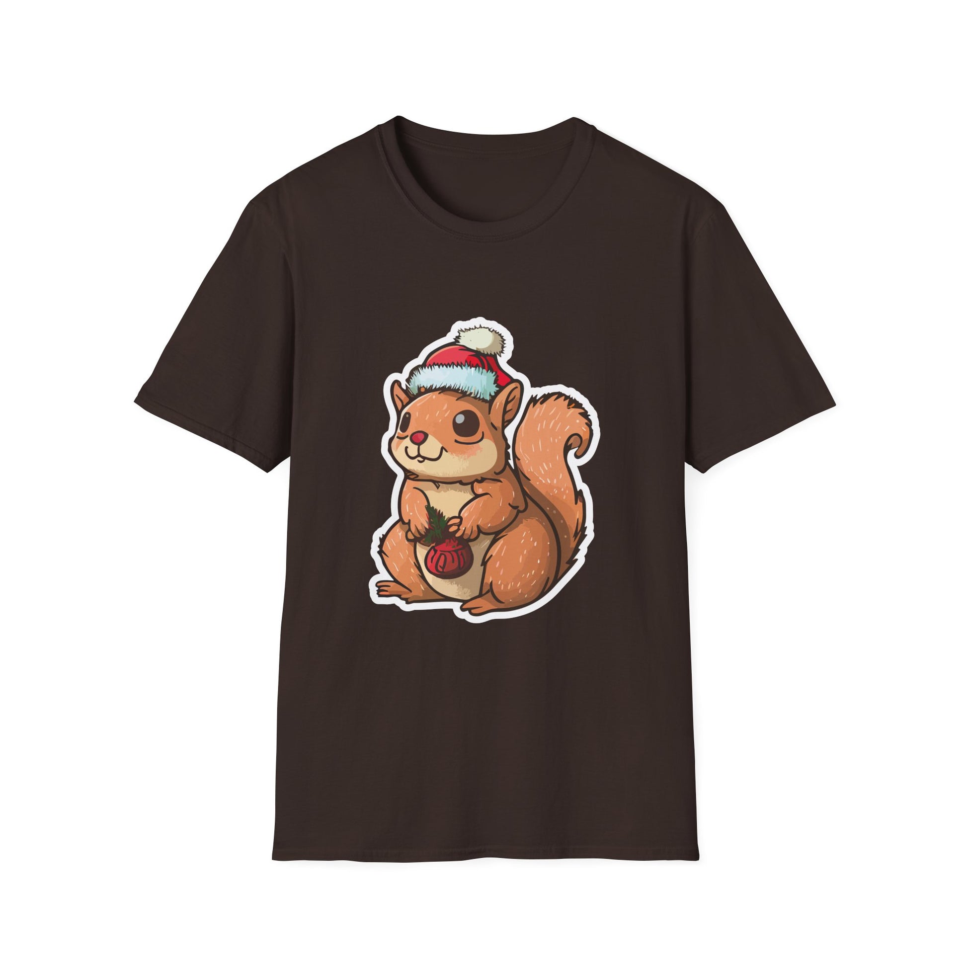 Cute Winter Squirrel T-Shirt — Cartoon Squirrel Wearing Knit Hat and Acorn