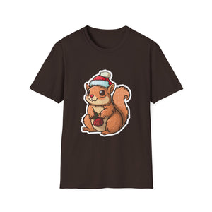 Cute Winter Squirrel T-Shirt — Cartoon Squirrel Wearing Knit Hat and Acorn