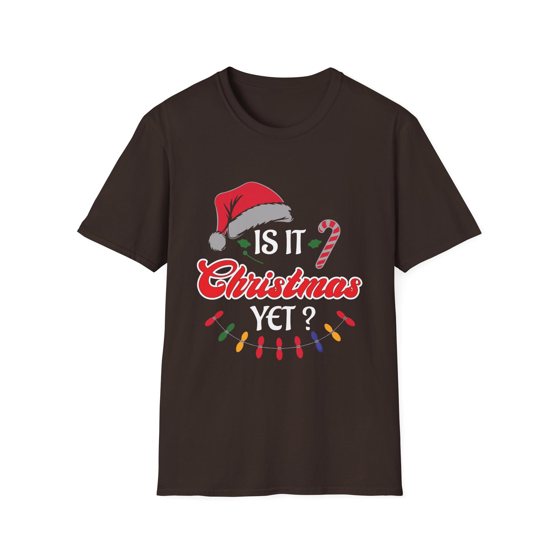 Christmas T-Shirt – "Is It Christmas Yet?" Holiday Tee with Santa Hat & Candy Cane