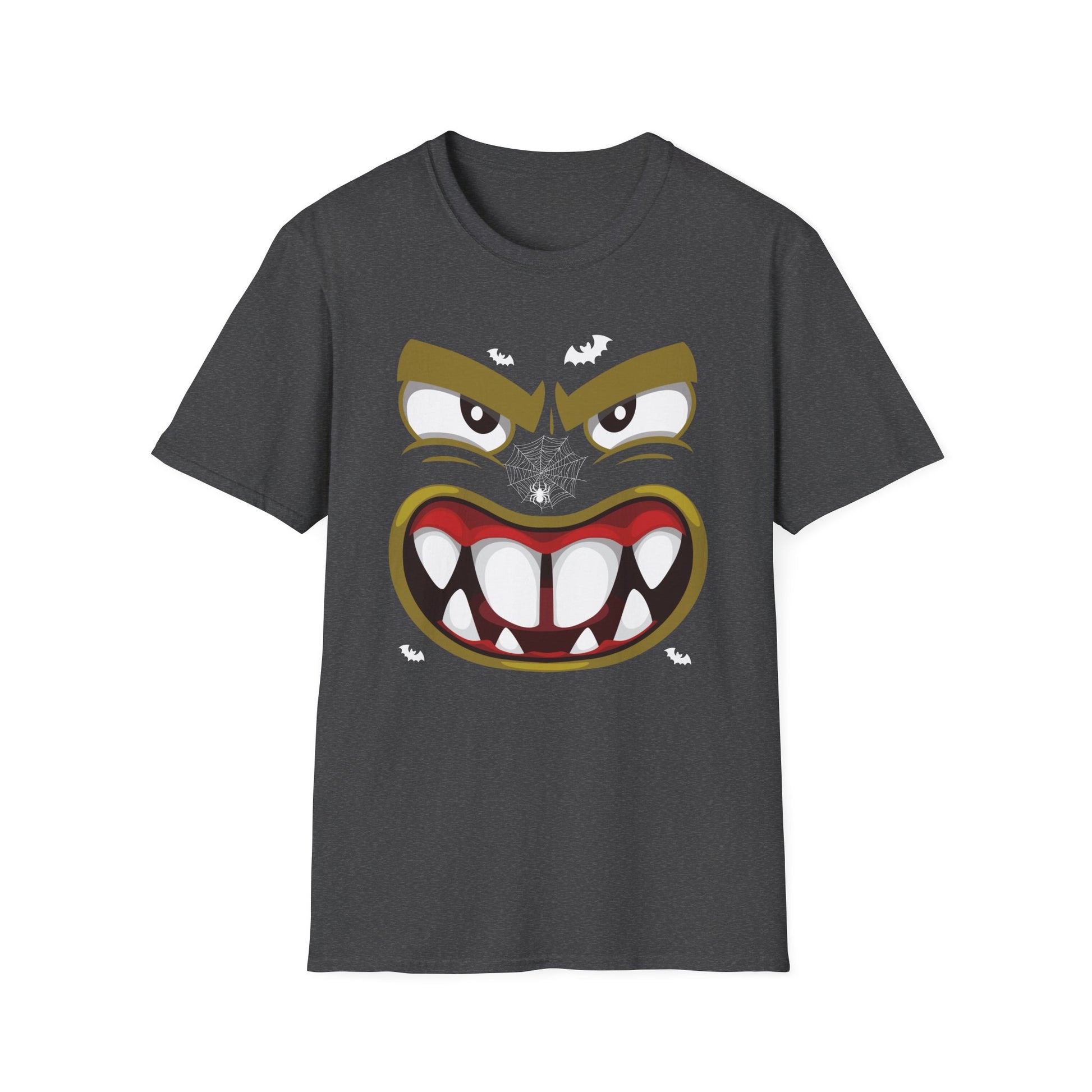 Scary Halloween Monster Face T-Shirt — Creepy Grinning Design with Spider Web